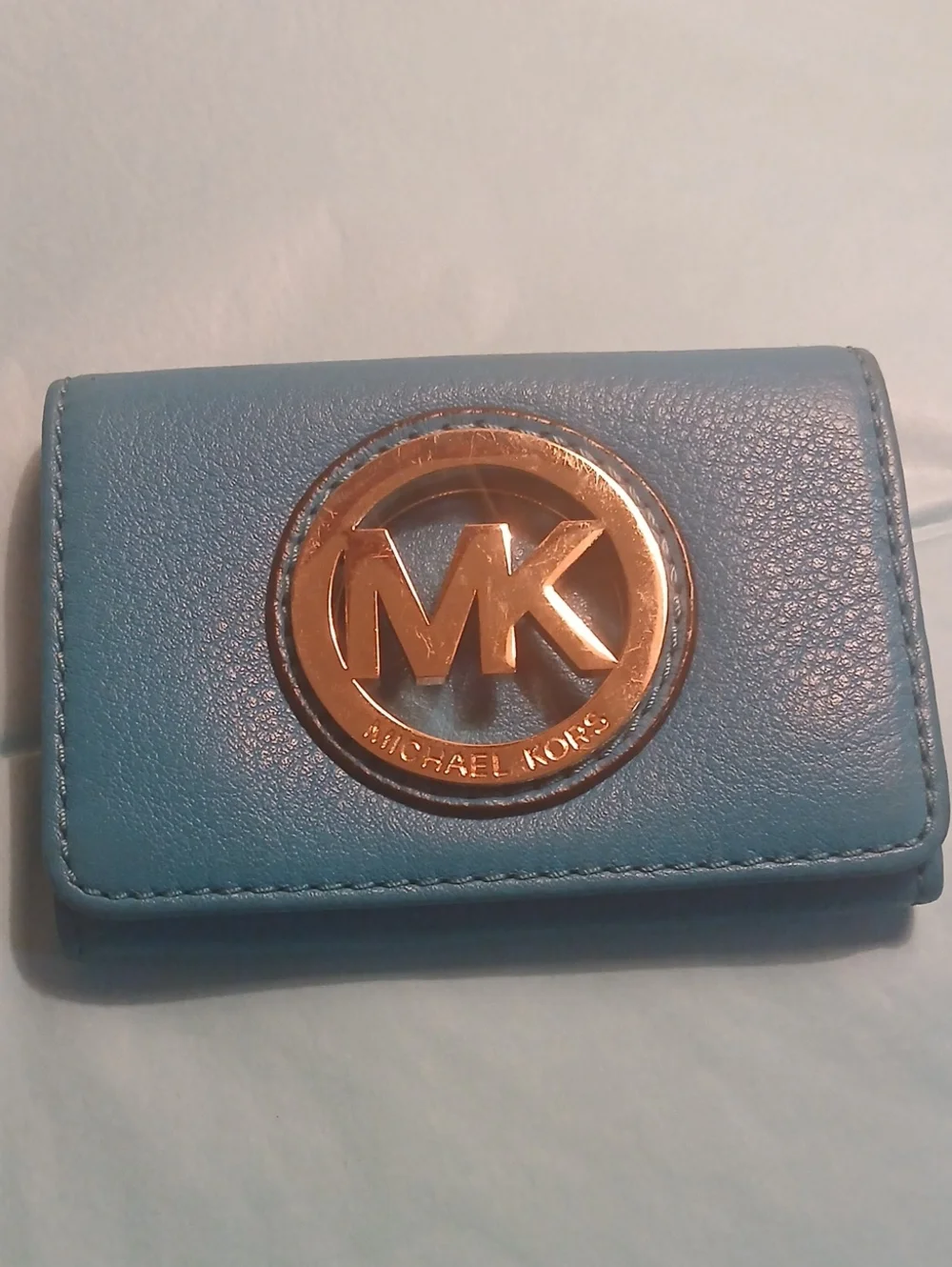 Michael Kors Blue Pebbled Leather Rose Gold MK Logo Flap Card Case Mini Wallet